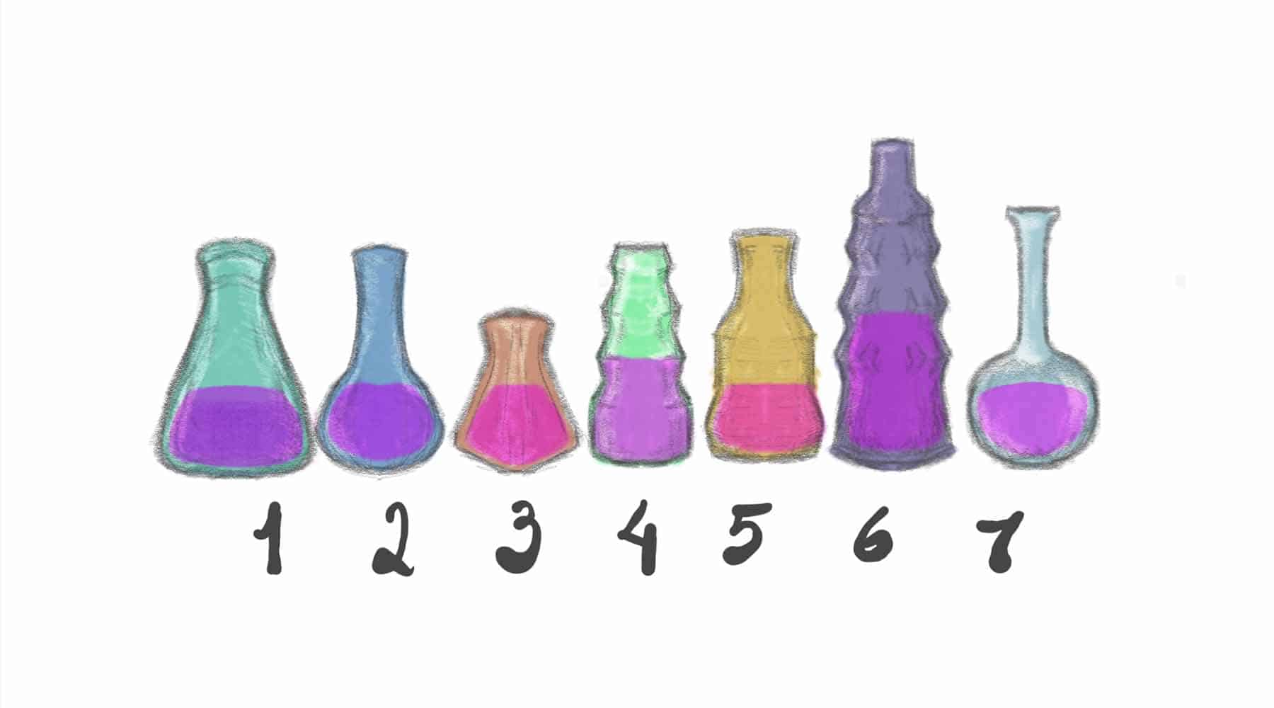 Sete garrafas de poções de snape, lado a lado. A garrafa 3 é menor e a garrafa 6 é maior.