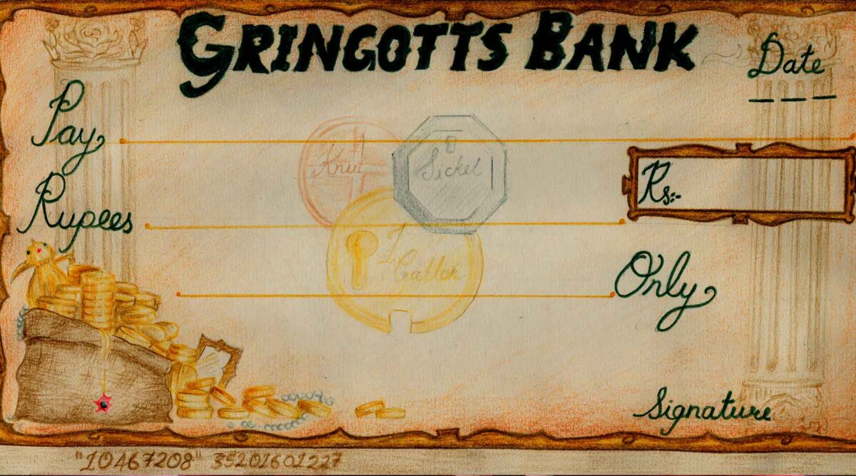 Cheque do banco Gringottes, onde os bruxos de Harry Potter recebem salário.